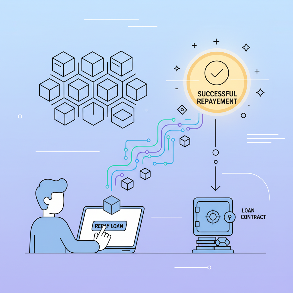 user repaying defi loan on blockchain, success attestation glowing, abstract crypto flow