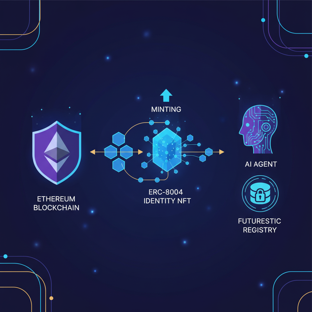 ethereum blockchain minting ERC-8004 identity NFT for AI agent, futuristic registry glow