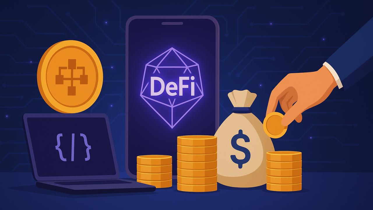 Abstract illustration of a blockchain wallet building a glowing on-chain reputation score for under-collateralized DeFi lending, symbolizing creditworthiness in decentralized finance