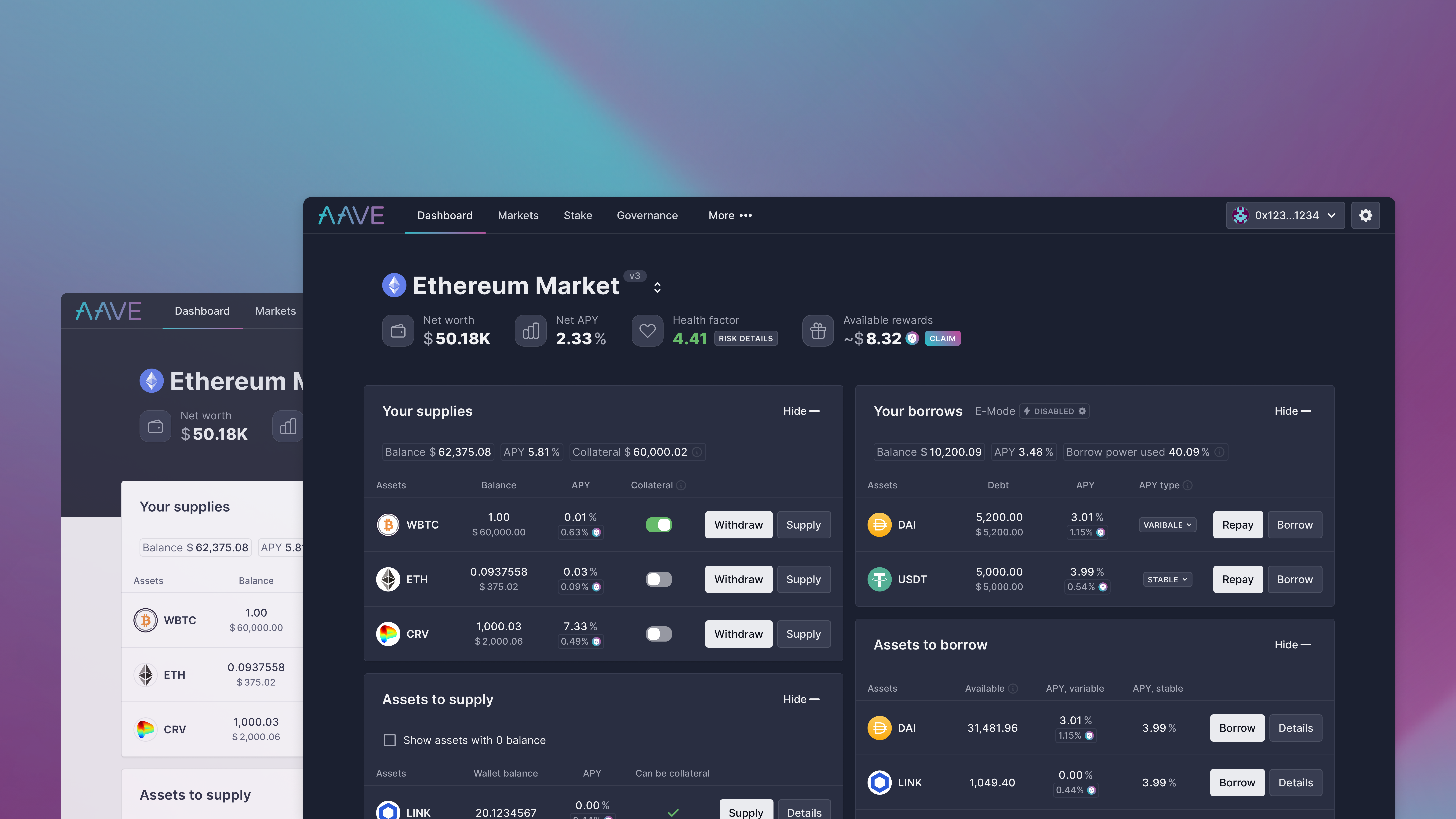 Aave DeFi protocol dashboard screenshot